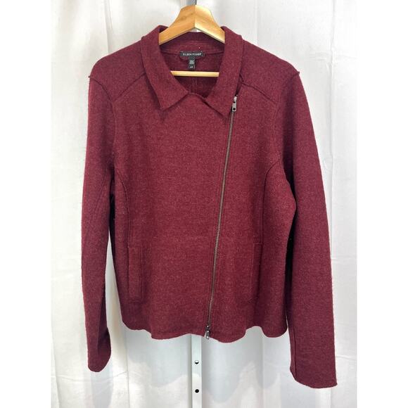 EILEEN FISHER Boiled Wool Asymmetric Moto Zip Jacket Cardigan Red Size L - Picture 1 of 9